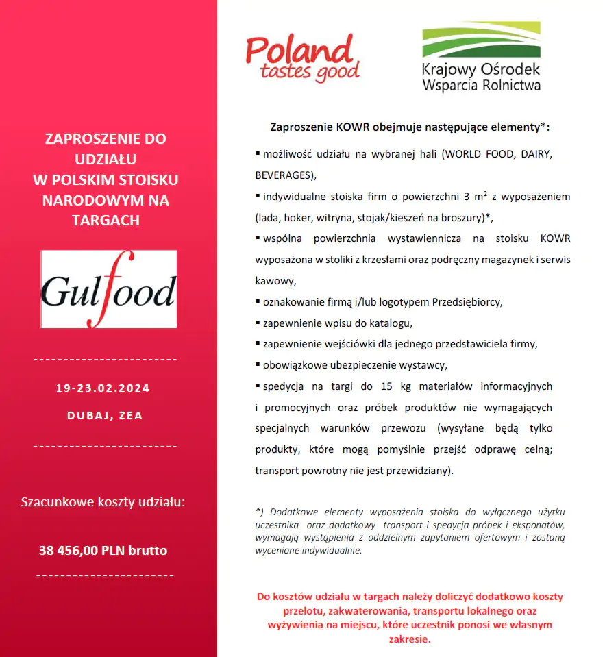 ZAPROSZENIE DO UDZIAŁU W POLSKIM STOISKU NARODOWYM NA TARGACH GULFOOD 2024