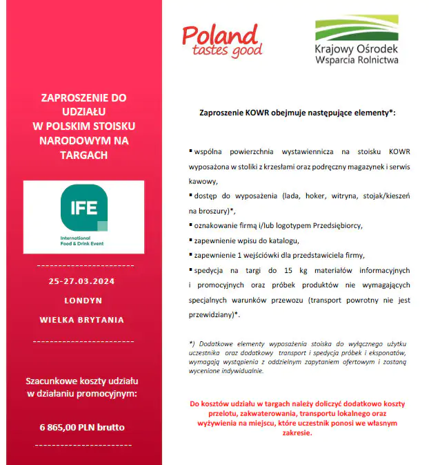ZAPROSZENIE DO UDZIAŁU W POLSKIM STOISKU NARODOWYM NA TARGACH IFE LONDON 2024