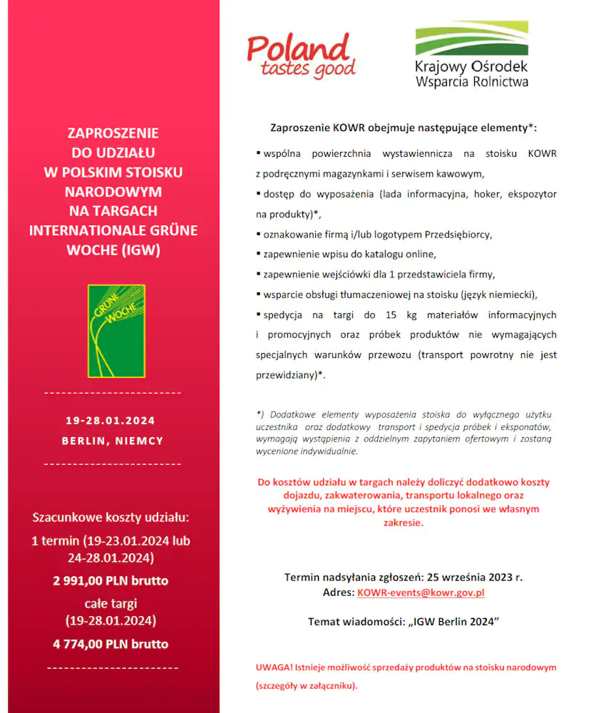 ZAPROSZENIE DO UDZIAŁU W POLSKIM STOISKU NARODOWYM NA TARGACH INTERNATIONALE GRÜNE WOCHE (IGW) 2024